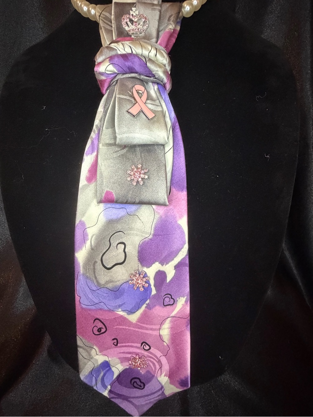 J. Garcia Purple, Gray & Pink Satin Neck Tie with Ribbon Pin